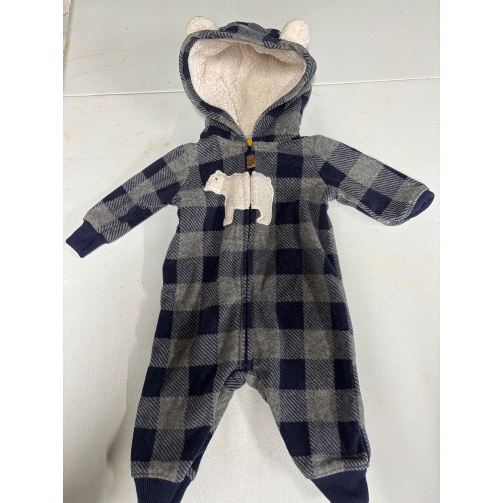Carters Baby 3M Fleece Pram Suit Navy Grey Buffalo Plaid Polar Bear‎ Hooded Ears